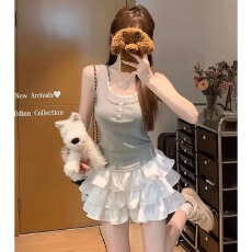 人棉花边韩版纯欲风蕾丝花边假俩件背心2026修身显瘦辣妹上衣