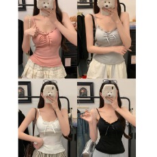 批发纯欲风白色木耳边系带小吊带清新舒适穿搭修身背心新款带胸垫上衣