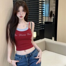 批发美式甜辣别致设计感假两件带胸垫吊带背心女带胸垫美背无袖上衣