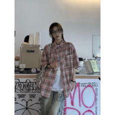 批发官图美式复古撞色格子短袖衬衫女夏季宽松<b class='q'>情侣</b><b class='q'>百搭</b>衬衣女