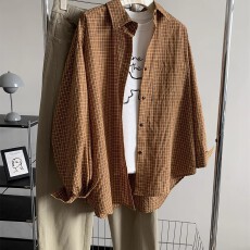 批发复古枫叶黄细格子衬衫女文艺感宽松翻领衬衣外套2026春<b class='q'>秋</b>韩版上衣