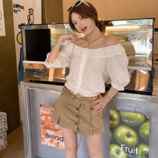 批发法式浪漫提花一字肩两穿短袖衬衫女夏季新款气质花边修身上衣