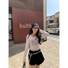 批发莱赛尔夏季薄款字母印花微透圆领长袖罩衫T恤女修身收腰防晒上衣