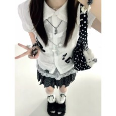 批发贴布绣音符娃娃领短袖<b class='q'>衬衫</b>女夏季修身显瘦<b class='q'>学院</b>
