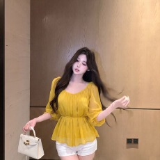 批发黄色v领抽绳收腰泡泡袖雪纺衬衫女夏季轻薄防晒衬衣温柔显瘦上衣