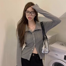 批发灰色衬衫外套女秋季内搭短款v领<b class='q'>修身</b>上衣设计感小众收腰长袖衬衣