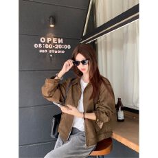 批发秋季新款棕色美拉德鹿皮绒外套女短款美式小个子复古<b class='q'>机车</b>夹克上衣