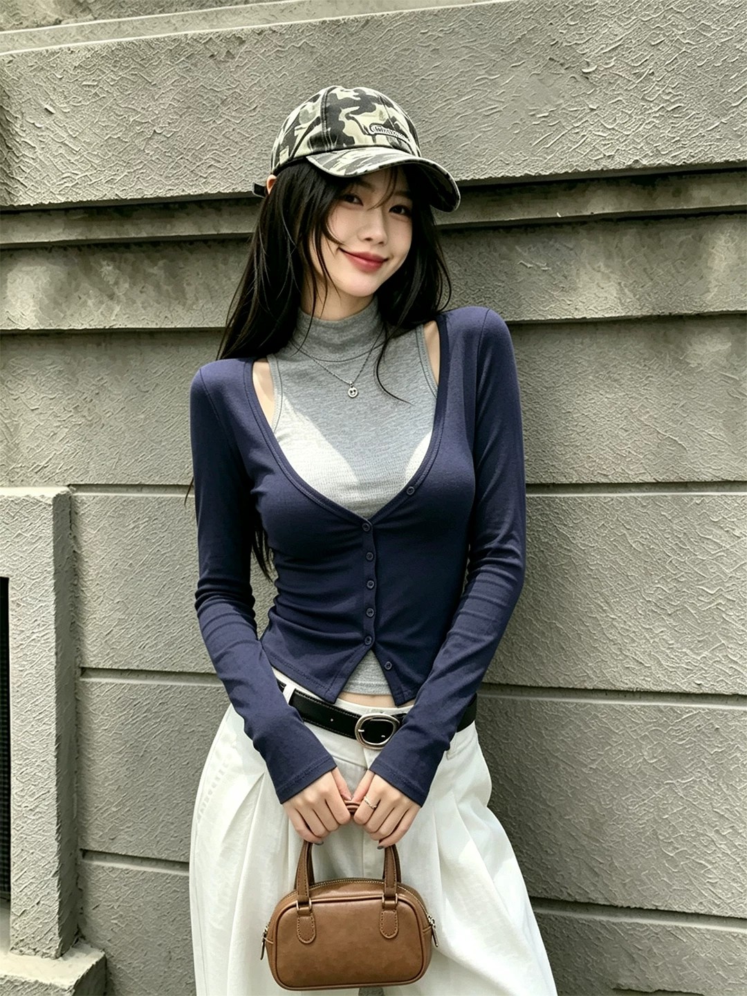 BY34106# 人棉+品质做工＋V领收腰蓝色开衫+灰色背心真两件套 服裝批發女裝批發服飾貨源