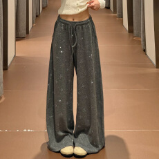 批发韩版雪花闪钻休闲<b class='q'>裤</b>女秋季设计感抽绳高腰宽松<b class='q'>显瘦</b>直筒遛弯阔腿<b class='q'>裤</b>