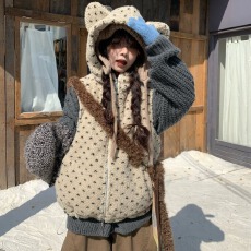 批发2026很秀羊羔绒熊耳朵连帽夹棉加厚马甲棉服外套女冬季叠穿保暖袄