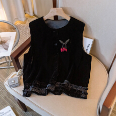 批发实拍大码秋女装新款韩版新中式国风丝绒小辣椒款木耳花边下摆马甲