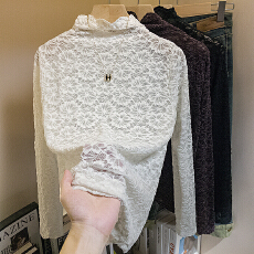 批发实拍大码女装新款韩系半高领设计感蕾丝打底衫网纱植绒内搭上衣