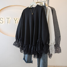 批发实拍大码女装冬季新款韩系时尚拼接蕾丝T恤打底衫宽松百搭上衣