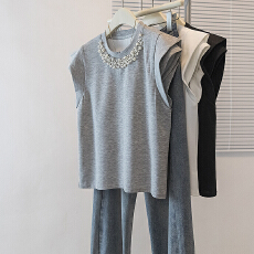 批发实拍大码女装新款韩版高级感潮流钉珠设计感显瘦修身微透无袖上衣