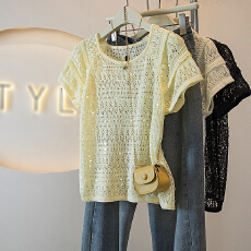 批发<b class='q'>实拍</b><b class='q'>大码</b><b class='q'>女装</b>新款韩系ins镂空亮闪闪圆设计微透宽松高级减龄上衣