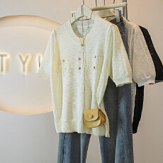 批发实拍大码女装韩版新款设计圆领刺绣冰丝针织卡通图案百搭时尚上衣