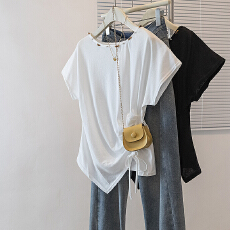 批发实拍大码女装韩版新款设计小众侧绑带不规则收腰显瘦休闲百搭上衣