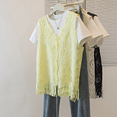 批发蕾丝<b class='q'>镂空</b>V领无袖背心<b class='q'>开衫</b>女夏季新款设计感流苏马甲上衣外搭罩衫