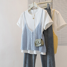 批发实拍大码女装新款韩洋气吊带背心多巴安高级设计感宽松T恤两件套