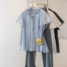 批发实拍大码女装新款韩版甜美温柔灯笼袖设计感衬衫绑带小众宽松上衣