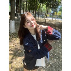 批发ins复古风格纹拼接牛仔长袖外套女嘻哈<b class='q'>街头</b>甜酷机车宽松夹克开衫