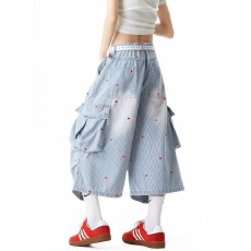 批发爱心条纹七分裤女外穿设计感街头褶皱多口袋宽松小众工装牛仔短裤