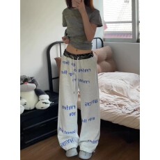 批发纯<b class='q'>棉</b>华<b class='q'>棉</b>复合腰头拼接迷彩运动卫裤女秋宽松直筒抽绳阔腿长裤子