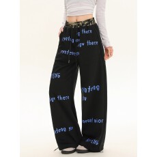 批发纯<b class='q'>棉</b>华<b class='q'>棉</b>复合腰头拼接迷彩卫裤女阔腿运动裤宽松裤子休闲长裤潮