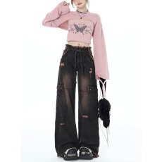 批发美式复古重工工装牛仔裤女小众设计感街头多口袋高街宽松阔腿裤潮