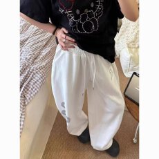 批发刺绣阔腿休闲裤女春季新松紧腰抽绳宽松显瘦百搭休闲弯刀裤