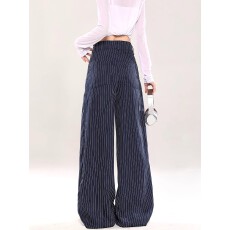 批发后半松紧腰内包边阔腿牛仔裤女生春秋慵懒垂感显瘦直筒阔腿裤子