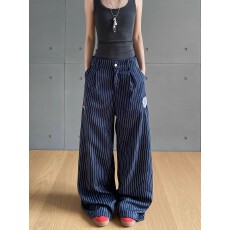 批发后半松紧腰内包边条纹休闲裤女高智感街头宽松直筒拖地裤子潮