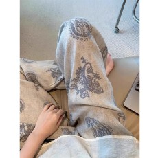 批发麻<b class='q'>棉</b>铁牛印印花休闲裤女2025夏季新款垂感显瘦百搭直筒裤子韩