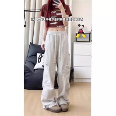 批发美式褶皱冰感速干运动休闲裤夏季薄款直筒宽松大码高街设计感工装