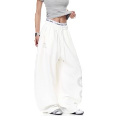 批发仿华<b class='q'>棉</b>面料复合280g烫钻印花弯刀卫裤男女爵士舞宽松阔腿裤潮