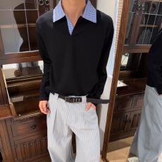 批发春秋美式潮牌假两件<b class='q'>衬衫</b>领卫衣男女重磅宽松休闲百搭情侣打底上衣