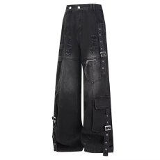 批发美式复古破洞工装牛仔裤男女夏季新款重工<b class='q'>情侣</b><b class='q'>长裤</b>宽松阔腿裤