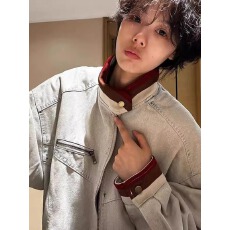 批发美式高街设计感水洗拼色立领<b class='q'>牛仔外</b><b class='q'>套男</b>女春秋季宽松牛仔衣夹克潮