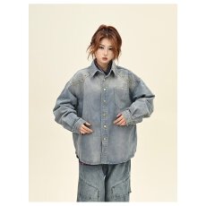 批发2025春秋新款美式潮牌翻领复古铆钉牛仔<b class='q'>衬衫</b>痞帅外套男女开衫上衣