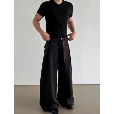 批发窄版阔腿裤女春秋高腰垂感显瘦咖色拖地直筒高级感双扣休闲<b class='q'>西装</b>裤