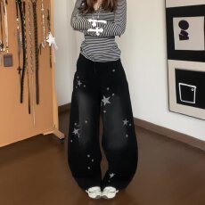 批发<b class='q'>大码</b>胖mm黑色牛仔裤女2025年<b class='q'>超</b>火的趣味小狗刺绣裤子宽松直筒长裤