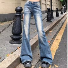 批发复古高腰微喇<b class='q'>牛仔</b>裤女夏装直筒破洞裤修身显瘦<b class='q'>哈伦</b>裤时尚休闲长裤