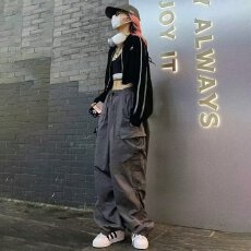 批发美式潮牌多口袋工装裤女<b class='q'>秋</b>冬季复古宽松阔腿直筒潮流休闲长裤