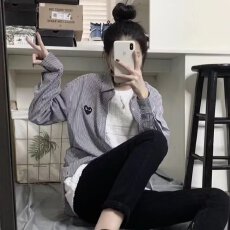 批发春秋新款日系刺绣爱心<b class='q'>衬衫</b><b class='q'>男</b>女竖条纹<b class='q'>长袖</b><b class='q'>衬衣</b>港风潮流复古薄外套
