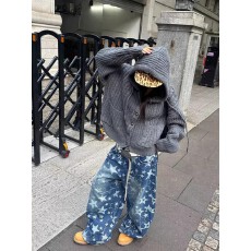 批发弯刀美式复古渐变满印星星牛仔裤男女休闲宽松直筒阔腿长裤子