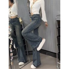 批发美式复古毛边微喇牛仔裤女秋冬2025大码<b class='q'>胖</b>mm<b class='q'>直筒</b>阔腿拖地裤长裤