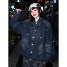 批发美式复古水洗做旧牛仔外套男女秋季宽松百搭休闲夹克上衣情侣潮牌