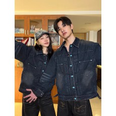 批发美式高街水洗渐变牛仔外套男女款纽扣2025春秋季新款夹克情侣上衣