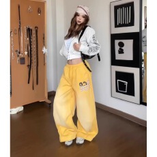 批发黄色阔腿裤女宽松显瘦2025年新款抽绳宽松显瘦慵懒垂感拖地裤