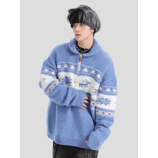 批发国潮牌情侣美式元宝领圣诞费尔岛提花毛衣<b class='q'>男</b>女秋冬<b class='q'>针织衫</b>上衣情侣